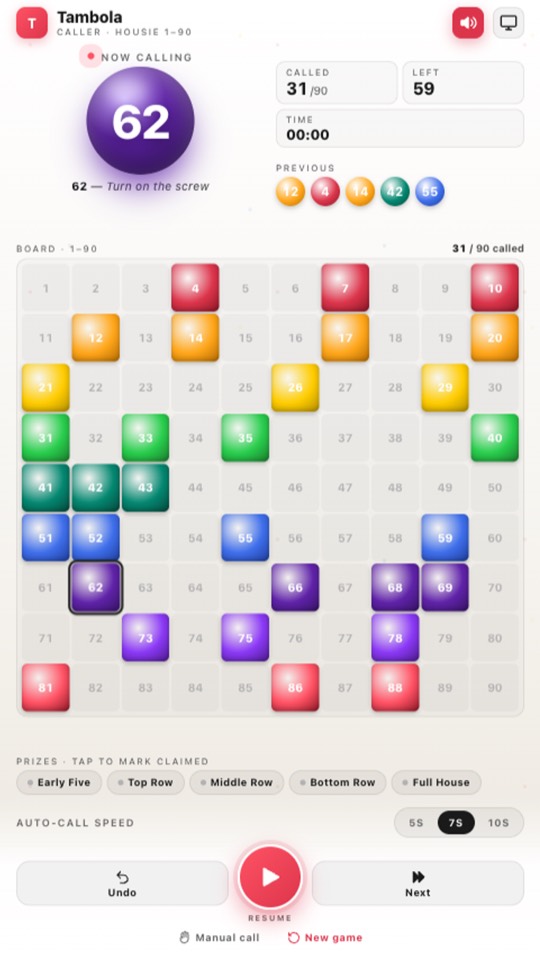 Tambola mid-game — number 62 called with its rhyme, 31 of 90 marked on the board