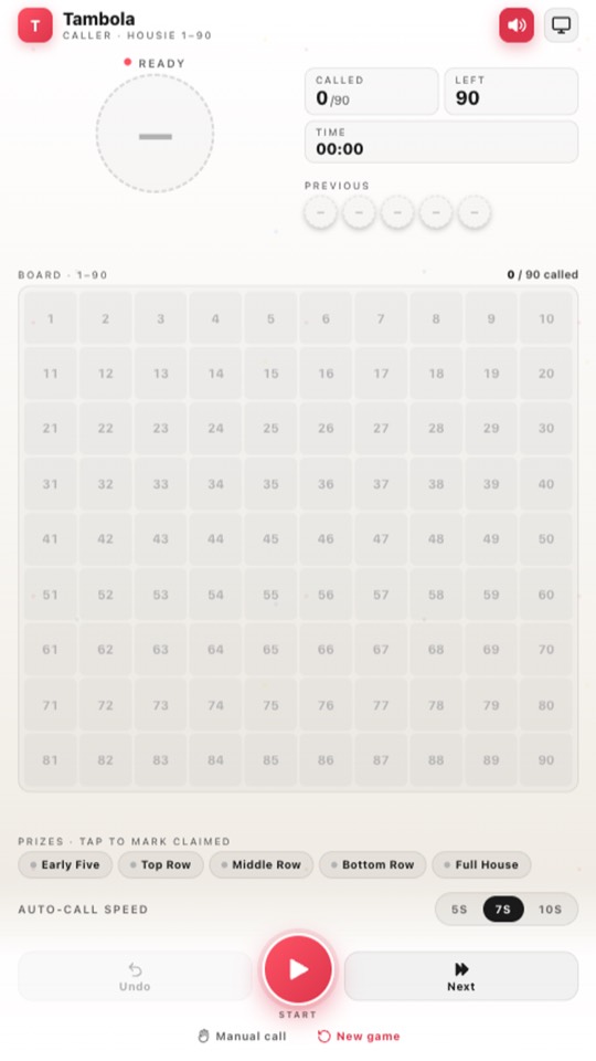 Tambola ready to start — empty 1–90 board, counters at zero, start button